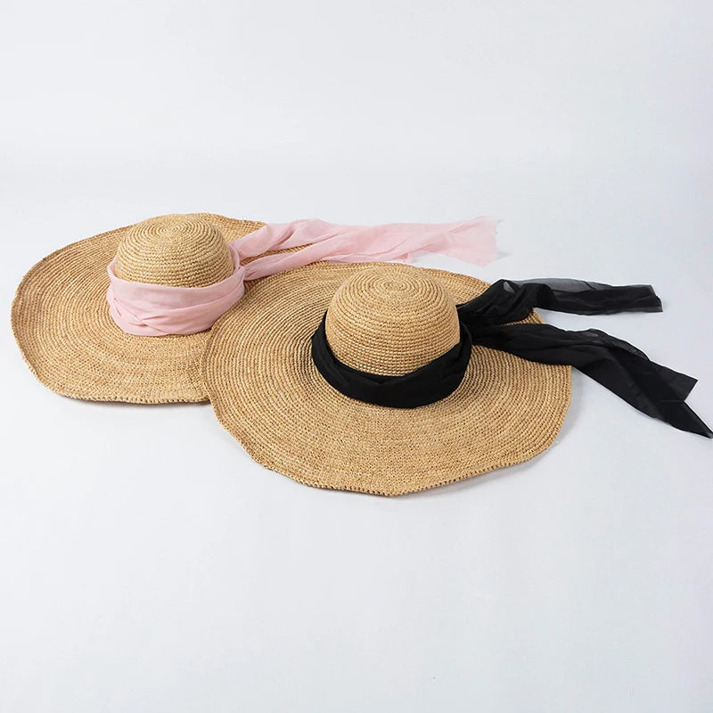 2023 New Summer Casual Handmade Raffia Straw Hat With Ribbon Large Brim Hats For Women Summer Beach Sun Hat Walk Show Luxury Hat