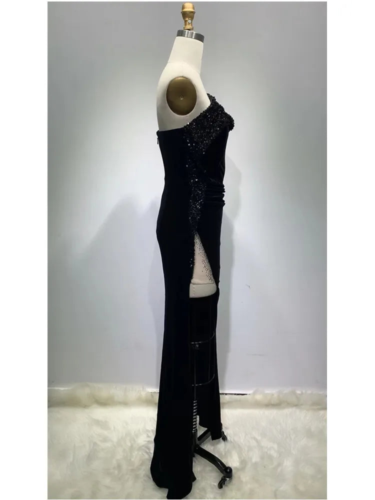 Vestido largo ajustado de terciopelo negro con hombros descubiertos y purpurina para mujer, vestido elegante de fiesta, noche y boda, para invierno, 2022