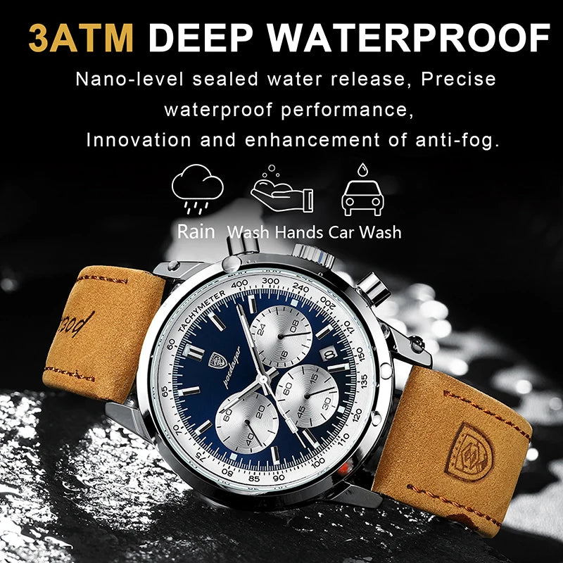 POEDAGAR Reloj de lujo para hombre, de alta calidad, resistente al agua, cronógrafo luminoso, reloj de pulsera de cuero para hombre, relojes de cuarzo para hombre, reloj informal