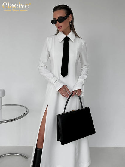 Clacive Fashion Slim White Office Dress Casual Lapel Long Sleeve Ankle Length Dress Elegant Classic Slit Dresses For Women 2024