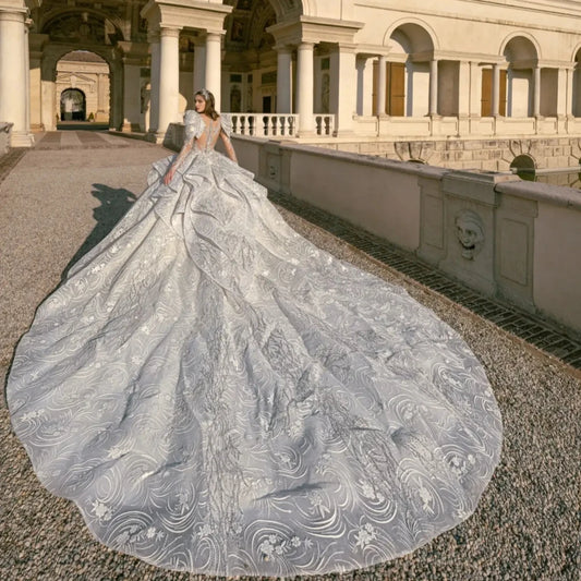 Robe de mariée élégante à manches longues et col en V avec appliques, robe de mariée scintillante au sol