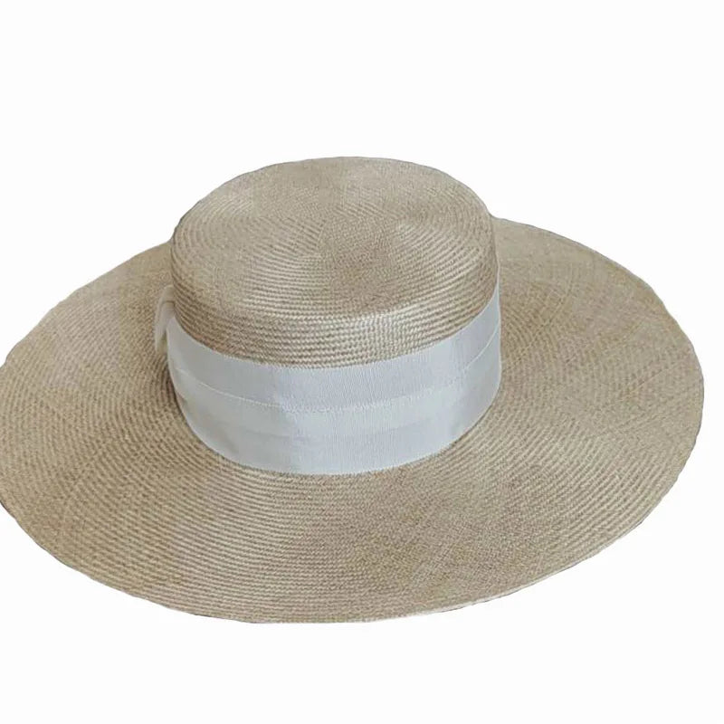 Sombreros de paja de sisal de alta calidad y diseño personalizado para mujer, con lazo, ala ancha grande, informal, con parte superior plana