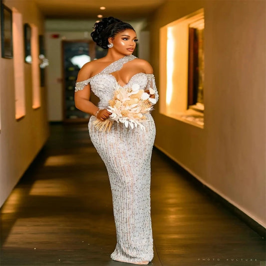 African Women Plus Size Wedding Dress Custom Made Detachable Train Tiered Mermaid Bridal Gown Vintage Pearls Robe De Mariee