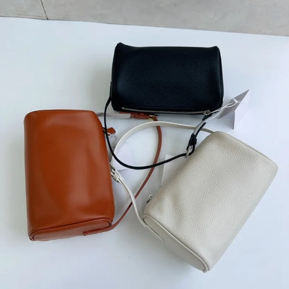 Square Tube Shape Retro Simple Genuine Leather Handbag Small Shoulder Bag Mobile Phone Bag