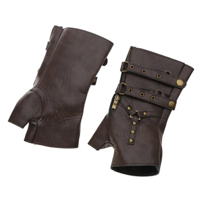 Guantes sin dedos de cuero de PU con remaches Steampunk para hombres y mujeres, guantes de medio dedo