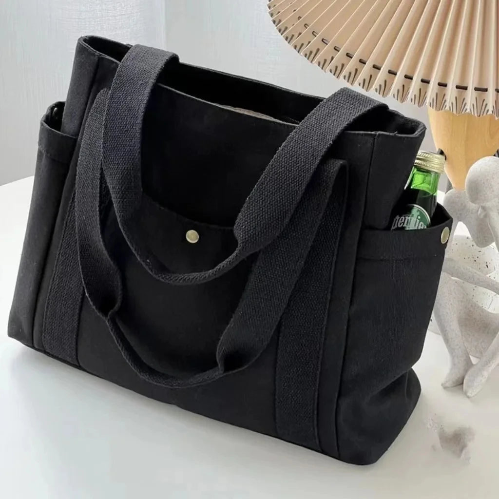 Women Multiple Pockets Handbag Canvas Shoulder Bag Gothic Tote High Quality Large Capacity Cotton Reusable Shopping Beach Bag