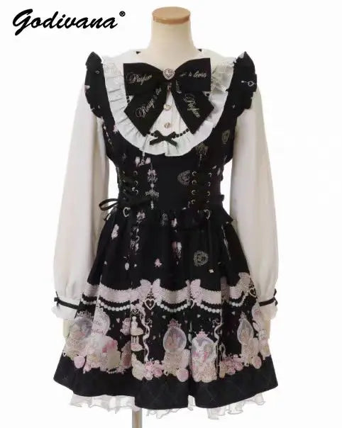 Japanese Sweet 2024 New Spring Women's Mine Cartoon Rabbit Print Big Bow Slim Long Sleeve Dress Lolita Princess A Line Dresses