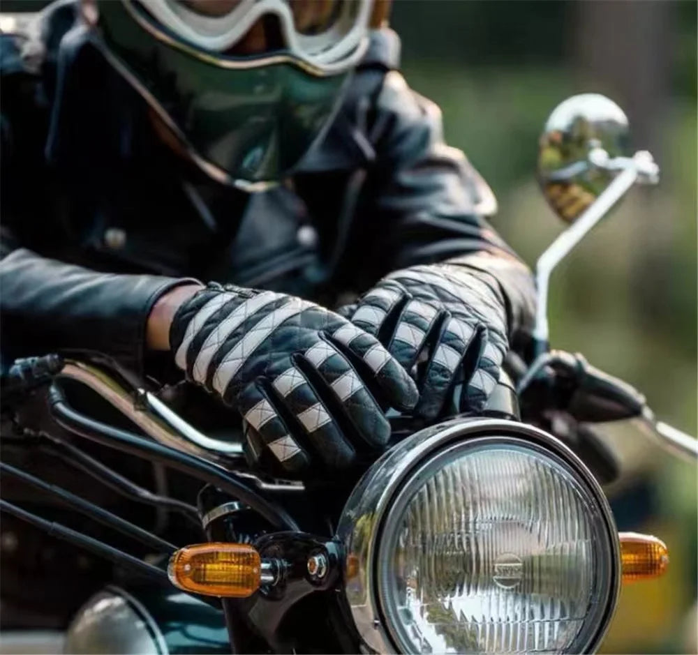 Guantes de piel de oveja para motocicleta para hombre, guantes de locomotora de cuero genuino con rayas blancas y negras y pantalla táctil para uso diario