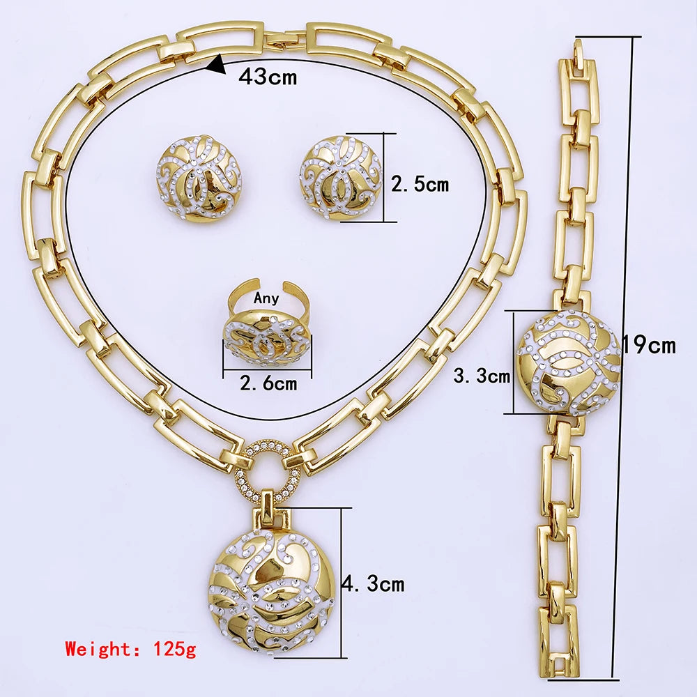 Ensemble de bijoux pour femmes au design classique, collier, boucles d'oreilles, bague, bracelet, pendentif, plaqué or 18 carats, bijoux de haute qualité pour fête de mariage