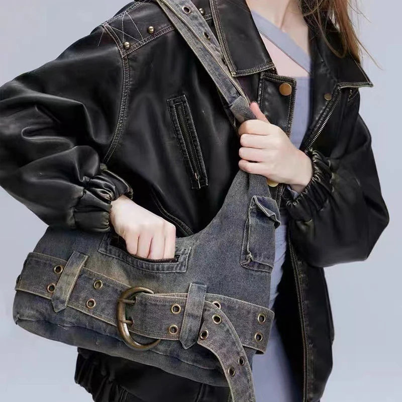 Bolso de hombro estilo punk vaquero vintage para mujer, moderno, estilo urbano Y2k, estilo grunge, estilo retro gótico, informal, para las axilas