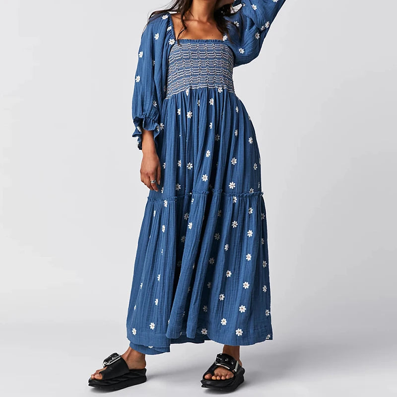 Beach Style Holiday Ruffle Swing A Line Maxi Dress Bohemian Floral Dress Women Lady Square Neck Long Sleeve Club Party Dress