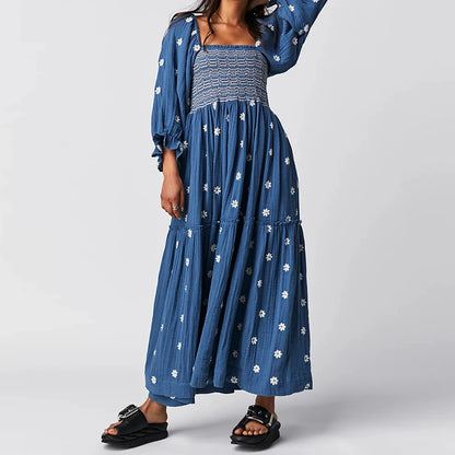 Robe longue trapèze à volants style plage pour femme, tenue de soirée bohème à fleurs, col carré, manches longues