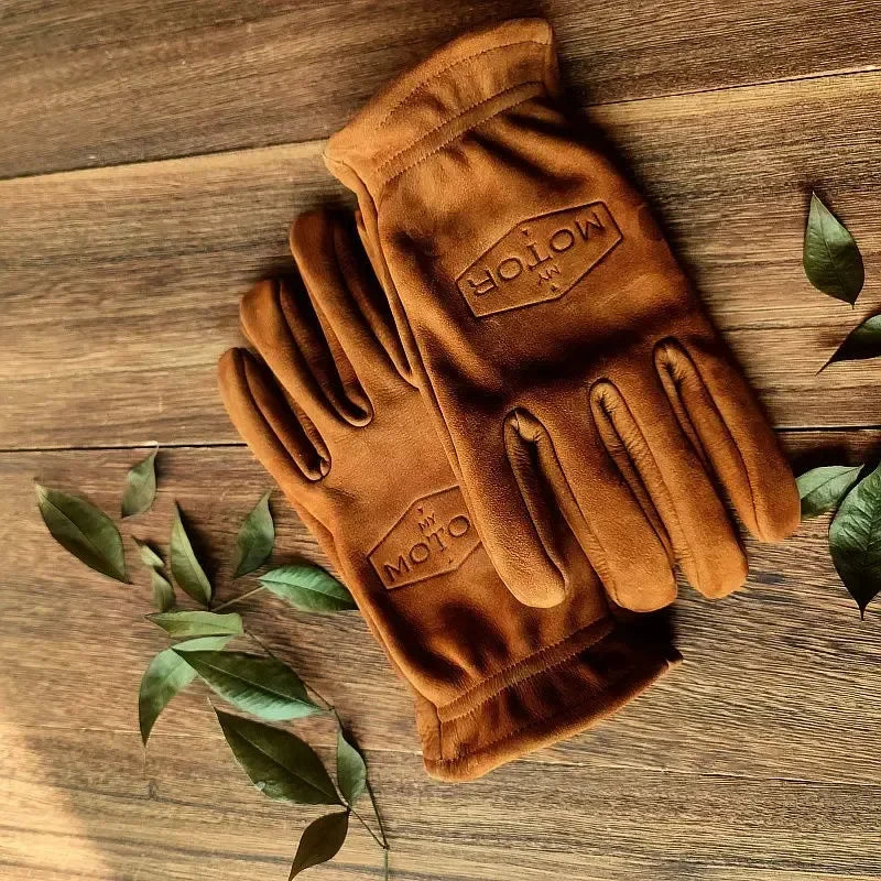 Retro Leather Motorcycle Gloves Moto Gloves Leather Motocross Riding Gloves Full Finger Brown Summer