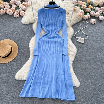 Elegante vestido de punto de manga larga con escote en V y un solo pecho bordado, suéter ajustado de moda, ropa sexy para mujer para otoño e invierno