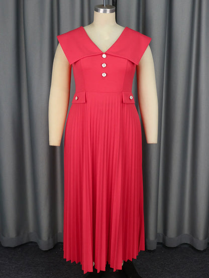 Aomei - Vestido elegante plisado para oficina y trabajo para mujer, rojo, sin mangas, con botones, cintura alta, largo, para fiesta de noche, celebración de ocasiones formales