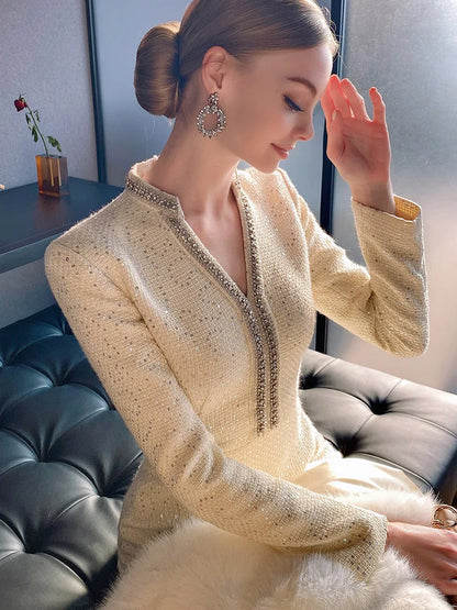 High-End Custom Tweed Dress for Women Hot Drilling Sequined V-neck Long Sleeve Woolen Dress Banquet Party Autumn Winter Vestidos