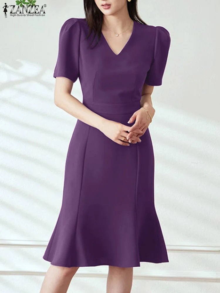 ZANZEA Elegant V Neck Slim Fit Dress Women Summer Party Sundress Office OL Vestidos Short Sleeve Work Robe Stylish Dresses 2024