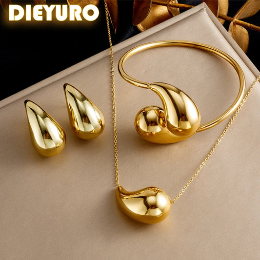 DIEYURO 316L - Collar, pulsera, pendientes con forma de gota dorada de acero inoxidable, conjunto de joyería que no se decolora para mujer 2024