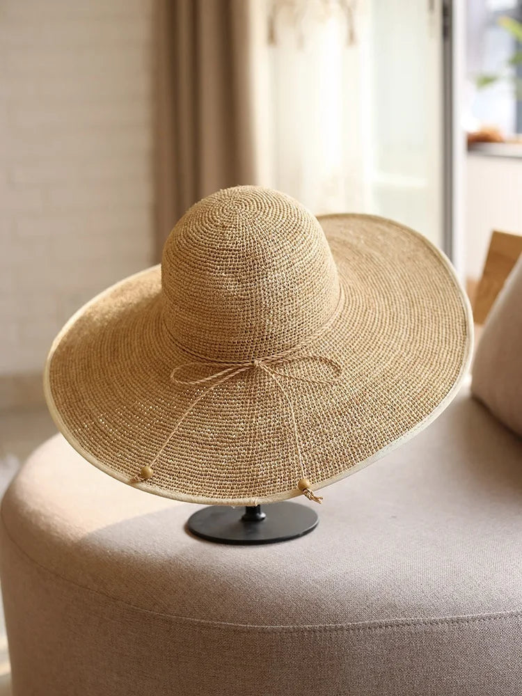 Chapeaux d'été tissés à la main pour femmes en raphia à large bord, chapeaux de soleil tendance, protection solaire, chapeaux de paille décontractés