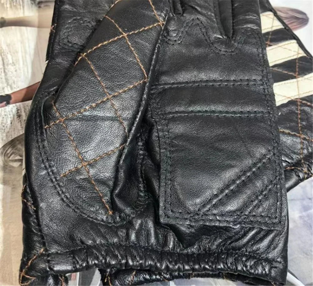 Guantes de piel de oveja para motocicleta para hombre, guantes de locomotora de cuero genuino con rayas blancas y negras y pantalla táctil para uso diario