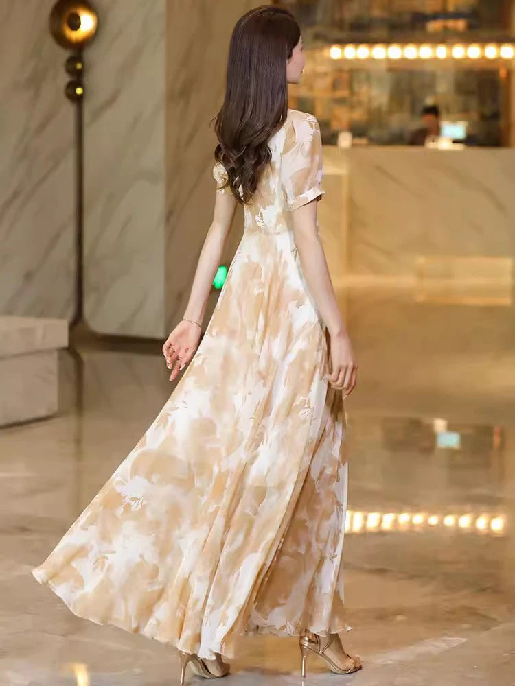 New Women Summer Print Chiffon Dress Fashion V-Neck Short Sleeve Slim Waist Long Dress Elegant Flowing Ankle-Length Dress