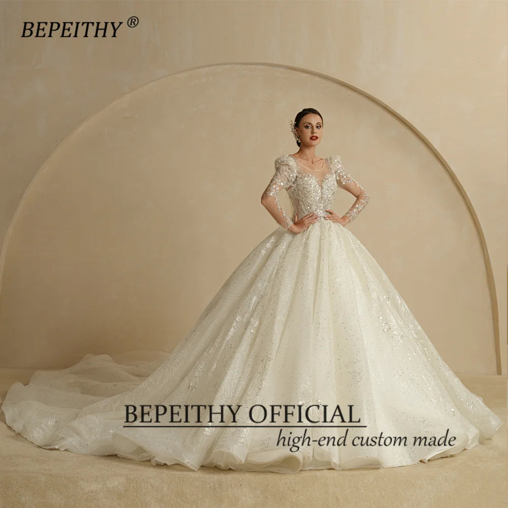 BEPEITHY Exquisitos vestidos de novia de princesa con purpurina para mujer 2022, vestidos de novia de novia color marfil con mangas largas y espalda abierta y brillantes