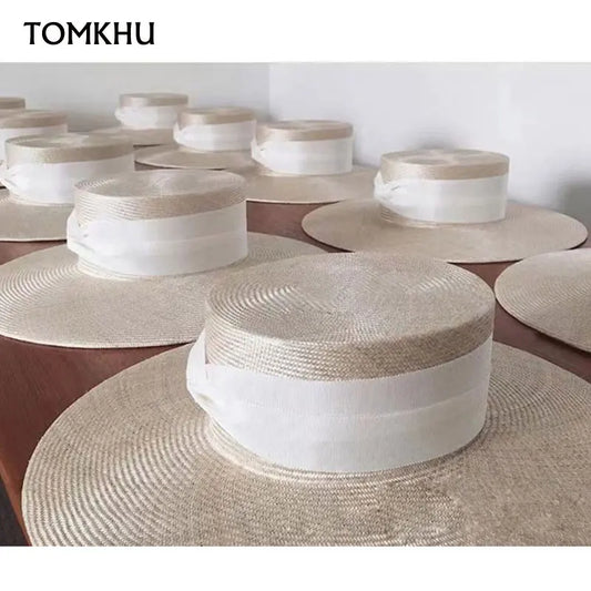 Designer Custom Fashion High Quality Sisal Grass Straw Hats For Women Bow Ribbon Big Wide Brim Casual Flat Top Cap Chapeau Femme