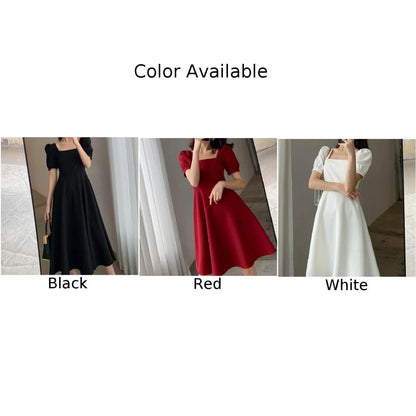 2024 Red Puff Sleeve Square Collar Party Wedding Vestidos Summer Black Elegant Bodycon Midi Dress Women Casual Bow Evening Dress