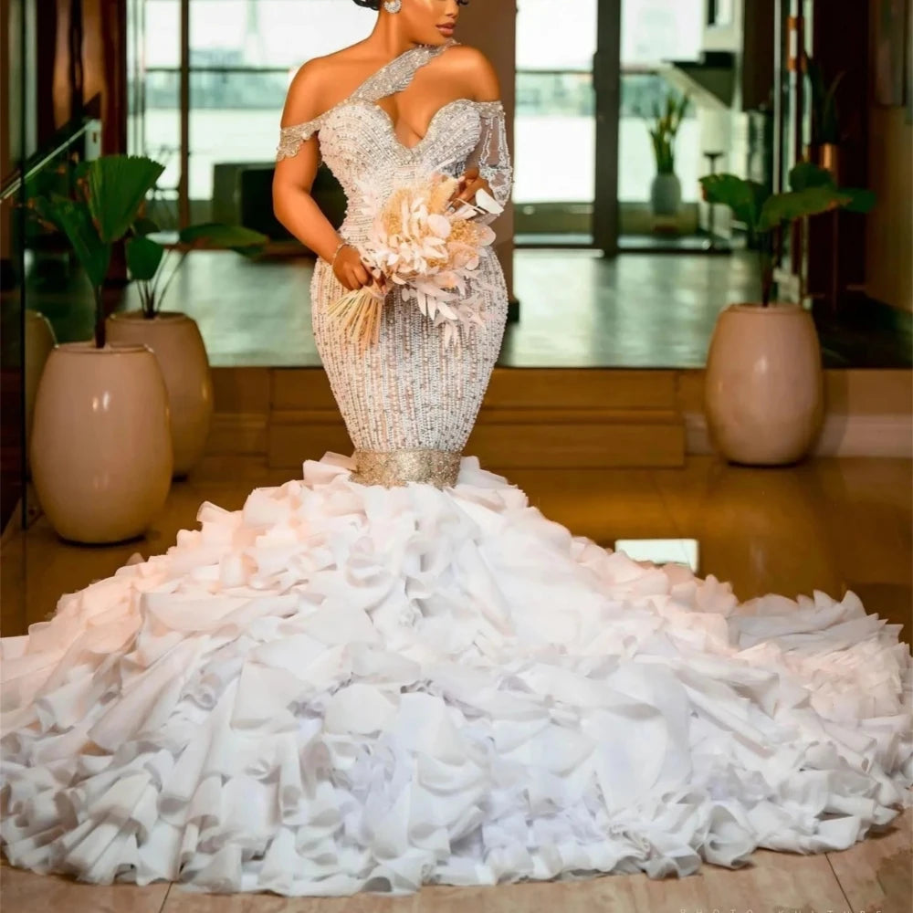 African Women Plus Size Wedding Dress Custom Made Detachable Train Tiered Mermaid Bridal Gown Vintage Pearls Robe De Mariee