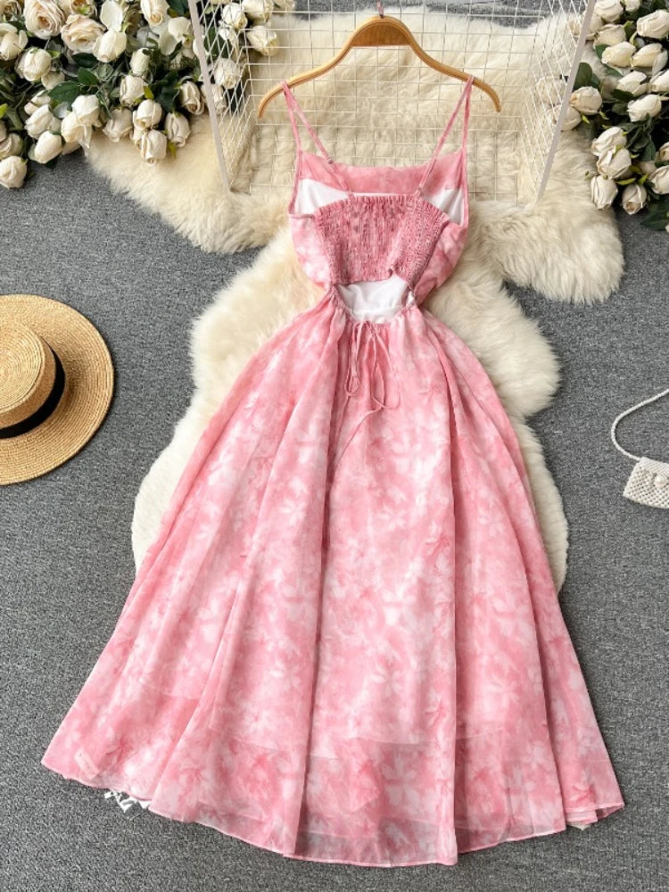 Women Pink Beach Dress Summer Sleeveless Hollow Out High Waist A-line Floral Printing Chiffon Dresses Ladies Casual Long Robe