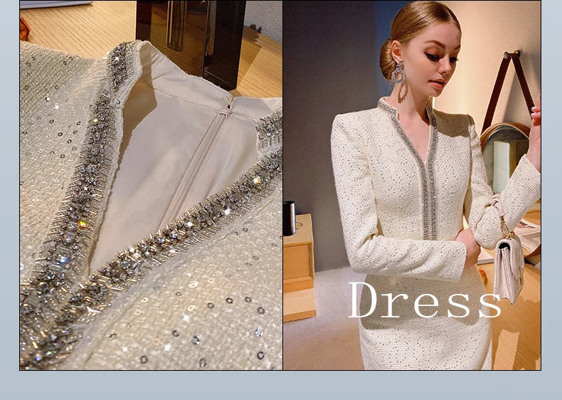 High-End Custom Tweed Dress for Women Hot Drilling Sequined V-neck Long Sleeve Woolen Dress Banquet Party Autumn Winter Vestidos