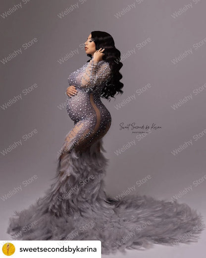 Vestidos de maternidad con cuentas brillantes para sesión de fotos, vestidos largos de sirena con diamantes de cristal sexys para embarazadas, vestido de sirena con plumas para mujer