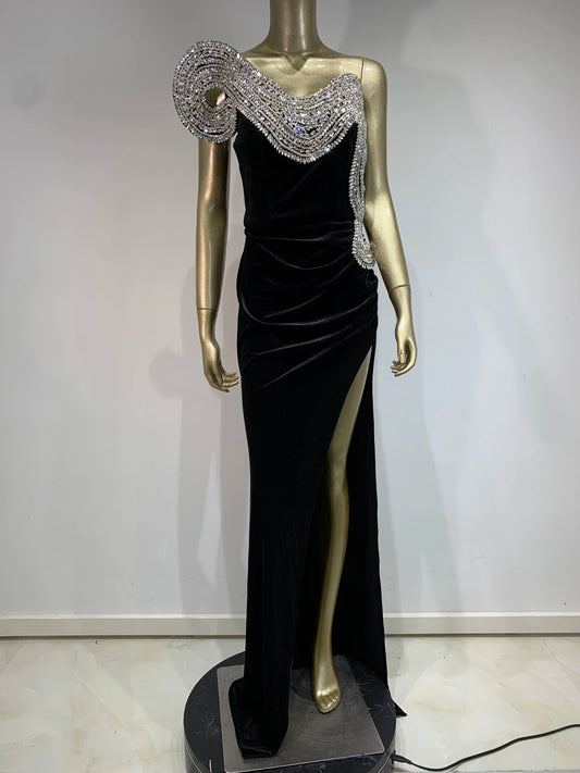 Women Luxury Prom Gowns Elegant Black 3D Crystal Glitter Deco Split Maxi Long Birthday Celebrity Evening Party Gala Dresses