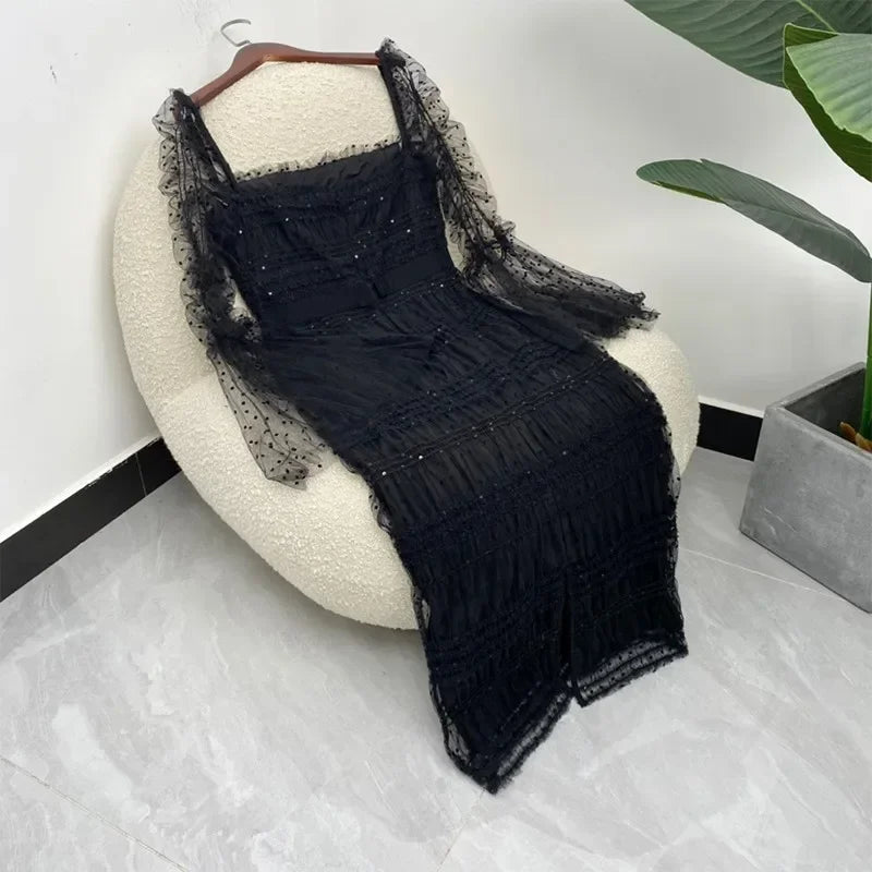 Sexy Black Mesh Dresses Spring Autumn High Quality Ladies Long Flare Sleeve Bodycon Woman Clothing 2022