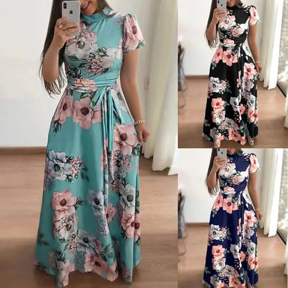 Robe d'été longue et super longue pour femme 2023, décontractée, à manches courtes, à imprimé floral, à col haut, à bandes, S-5XL