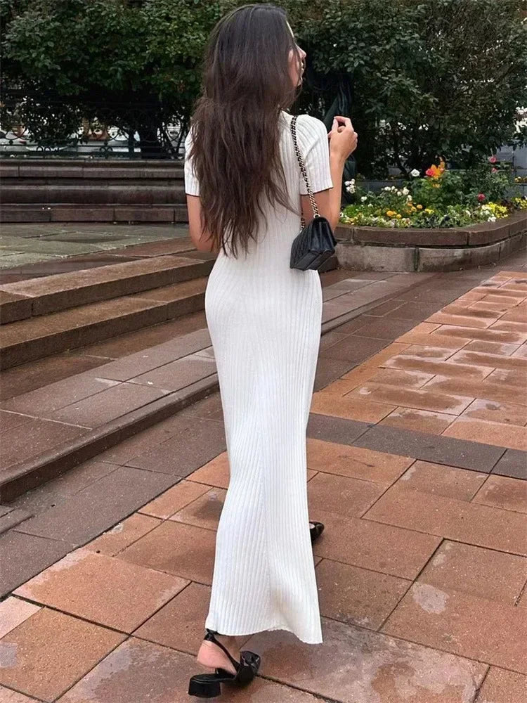 Tossy White Knit Fashion Maxi Dress For Women Short Sleeve Patchwork Elegant Party Dress Lapel High Waist Knitwear Women's Dress