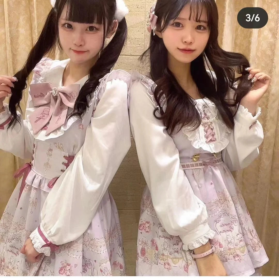 Vestido de princesa Lolita de manga larga ajustado con lazo grande y estampado de conejo de dibujos animados para mujer, estilo japonés dulce, primavera 2024