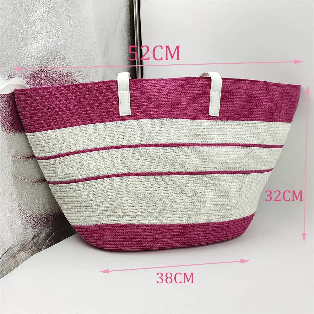 Sombrero de paja de verano de dos piezas y tres piezas, moda a rayas, bolso de gran capacidad y sombrero de sol de parte superior redonda para mujer, Panamá Jazz Beach