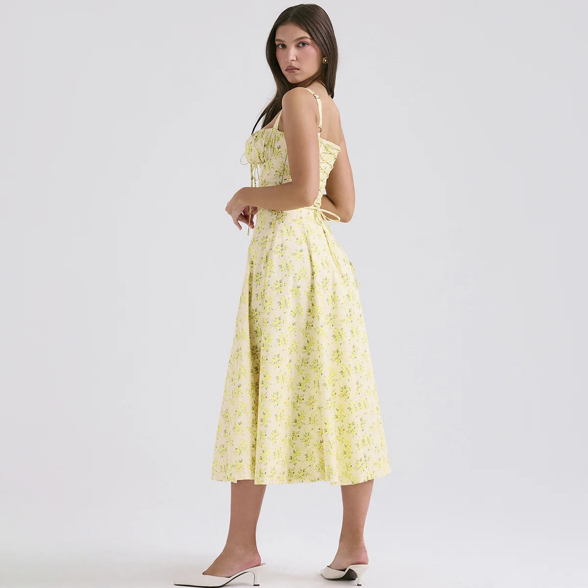 Oligai Summer Dresses for Women 2024 Elegant Long Party Dresses Yellow Flower Print Spaghetti Strap Casual Dress Midi Vestidos