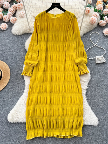 Vestido midi holgado drapeado vintage de otoño para mujer, elegante vestido de cuello redondo con mangas largas abullonadas, vestido informal amarillo/burdeos/verde, nuevo