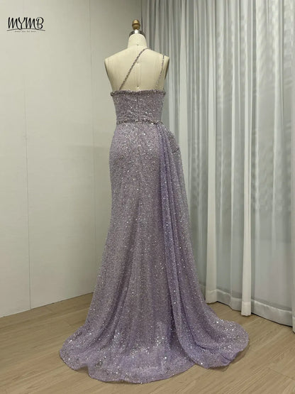 MYMB Robe de soirée à paillettes à une épaule et bretelles spaghetti avec traîne latérale pour fête de mariage Robe de soirée sirène de luxe à paillettes