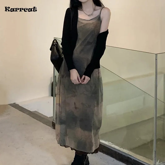 Karrcat Vintage Tie Dye Print Mesh Dress Grunge Gothic Spaghetti Strap Midi Dress Korean Style Party Dress Fairycore Vestidos