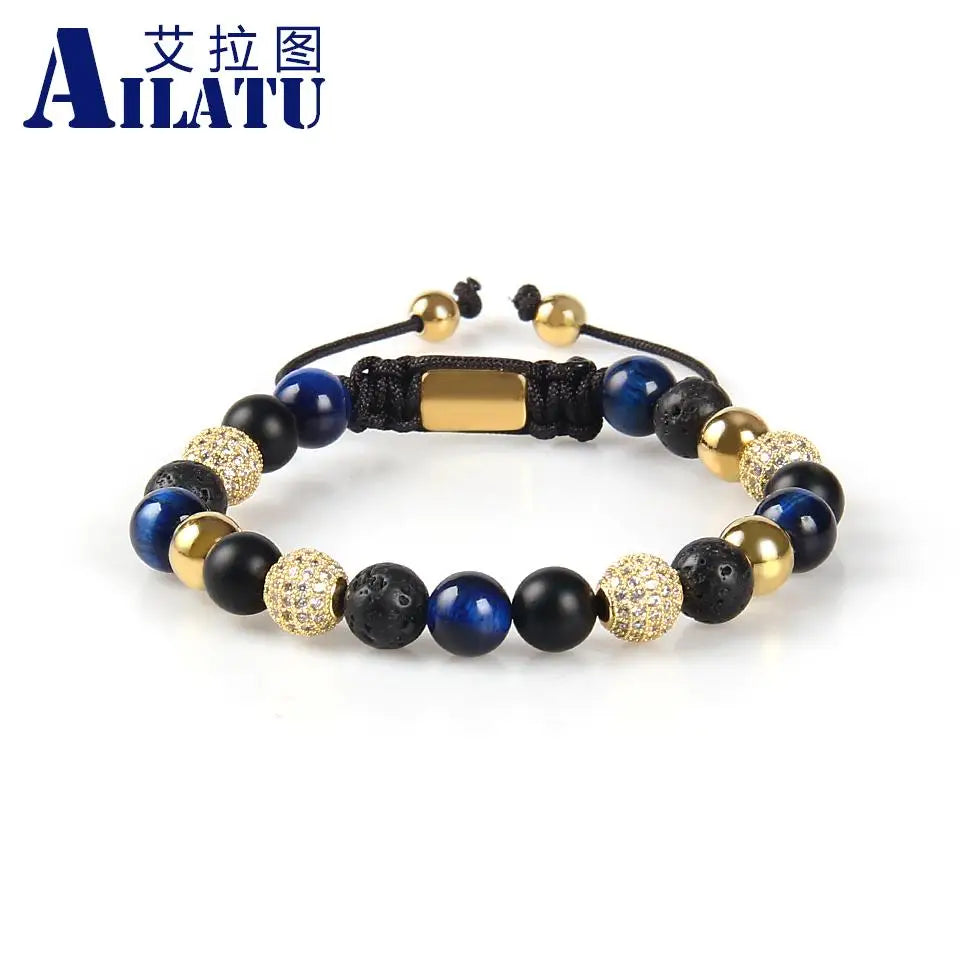 Ailatu 10 Pieces Men's Brand Jewelry 8mm Cz Ball Macrame Bracelets Natural Stone Beads Free Logo Service