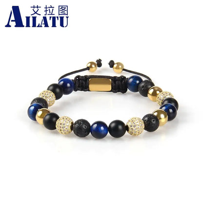 Ailatu 10 piezas de joyería de marca para hombres, pulseras de macramé con bolas de circonita cúbica de 8 mm, cuentas de piedra natural, servicio de logotipo gratuito