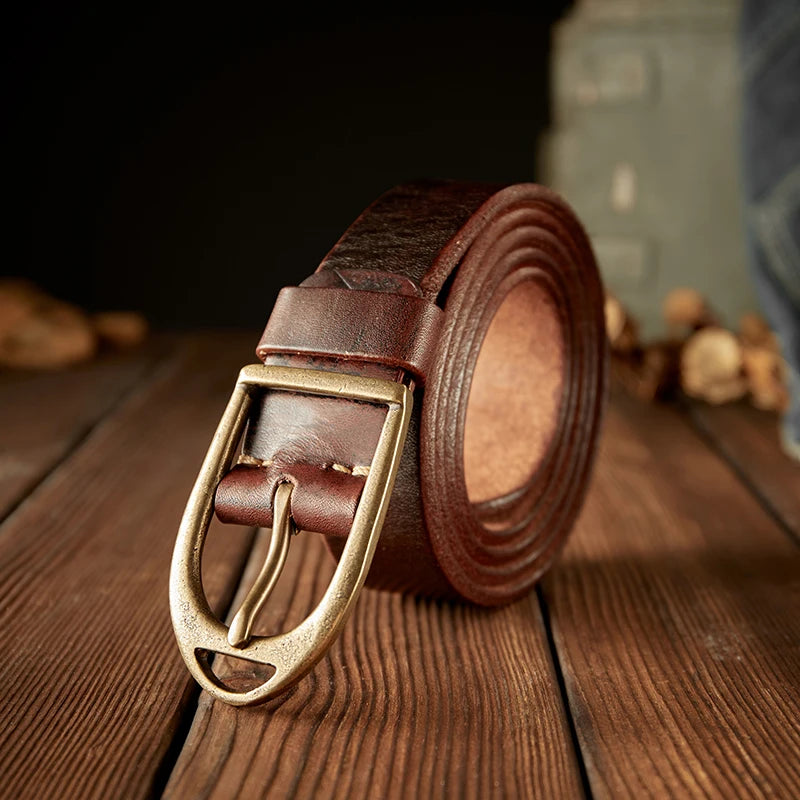 Ceinture en cuir de vachette rétro fait à la main avec boucle ardillon en cuivre pour homme, sangle vintage en cuir véritable pour jeans, pantalon de mode