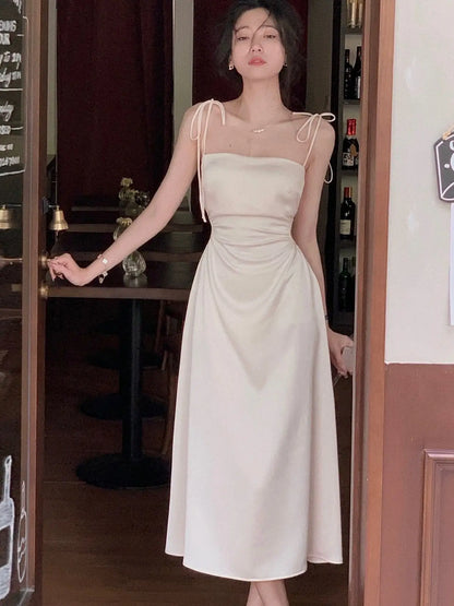 Vestido elegante de satén midi con tirantes finos para mujer, vestido de verano para boda, noche, cumpleaños, fiesta, sin espalda, para fiesta de graduación, nuevo