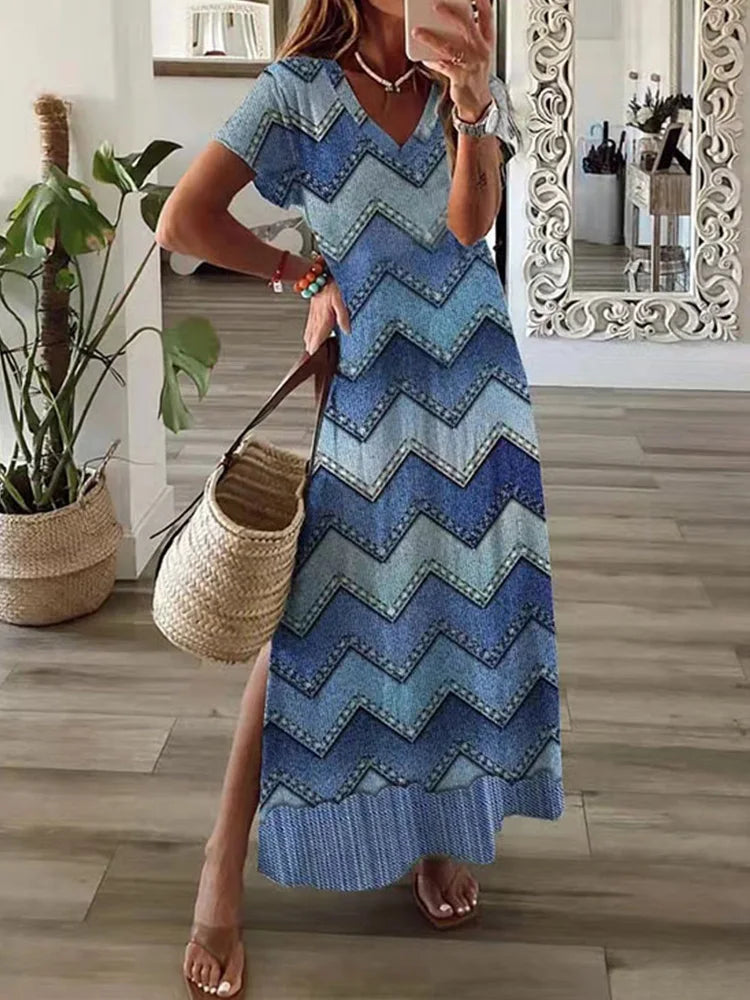 Vestido largo con estampado geométrico irregular para mujer, vestido informal de verano con cuello redondo y manga corta, estilo acampanado, para vacaciones