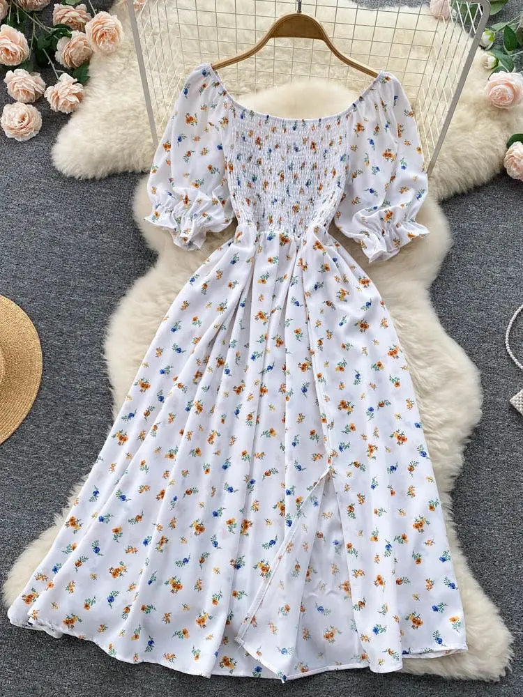 YuooMuoo, envío rápido, vestido de mujer, moda, romántico, estampado floral, vestido largo de verano dividido, manga abullonada, vestidos de fiesta coreanos