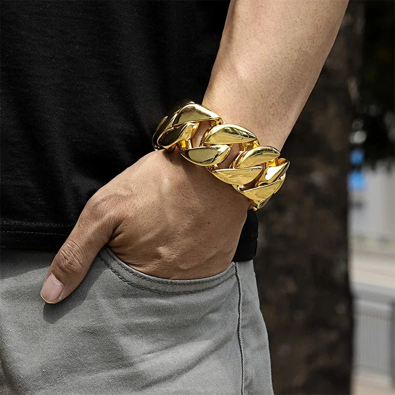 32mm wide Bracelet Chains 18K Gold Men's Stainless Steel Bracelets Luxury Miami Link Chain for Male Fashion Jewelry