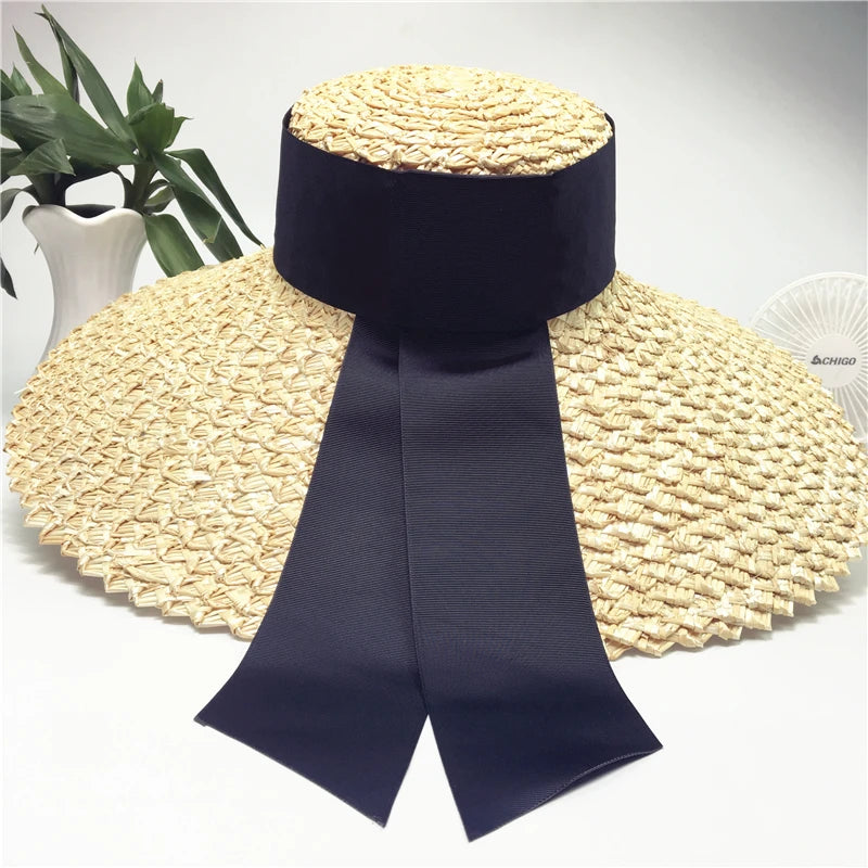 Sombrero de paja natural de ala grande de 18 cm para mujer, sombrero de verano, elegante sombrero para el sol, sombrero de playa con cinta larga, sombrero Derby para espectáculos y vocaciones